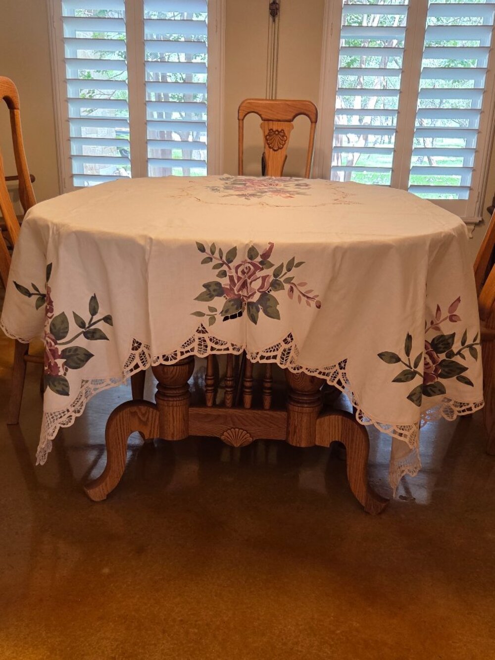 Battenburg Lace Hand Painted Rose Tablecloth 68x120 & Napkins Ecru Beige, NWT